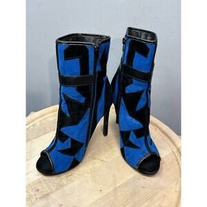 Mimoza Blue Black Geometric Patchwork Peep Toe Stiletto‎ Ankle Boots Mens 7.5